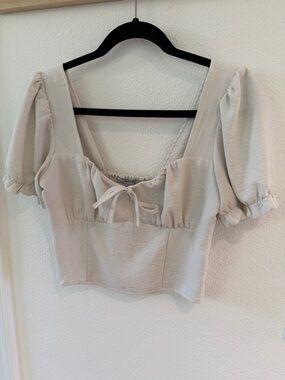 Blashe Ivory Puff-Sleeve Tie-Front Crop Top